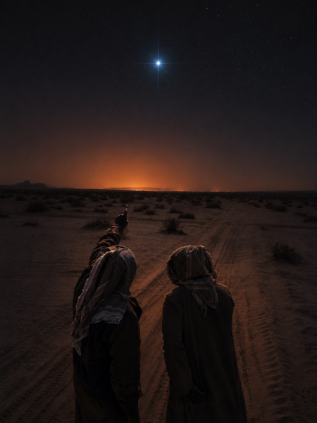 رجلان في صحراء ليلًا، أحدهما يشير إلى سهيل ساطعًا فوق الأفق، ووهج مدينة بعيد تحته